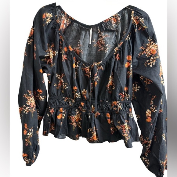 FREE PEOPLE MANDY FLORAL PRINTED RUCHED PEPLUM COTTON TIE FRONT BLOUSE SIZE: M - Picture 2 of 10